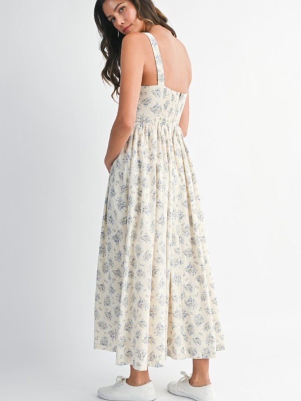 Floral Print Square Neck Contrast Pipinig Dress - Picture 5 of 8